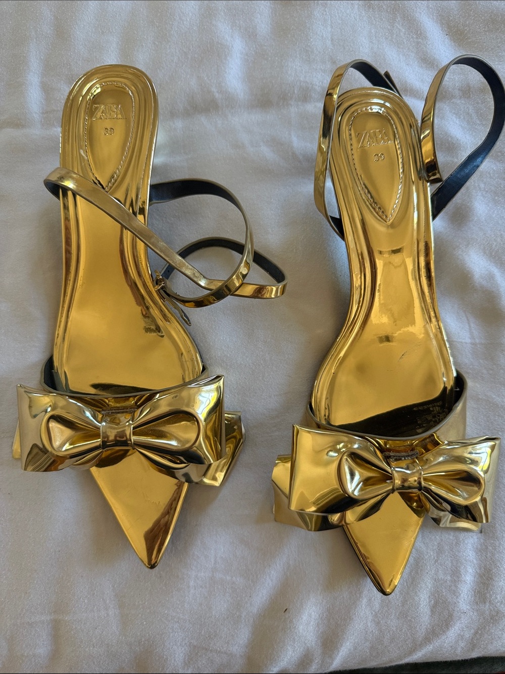 Zara Metallic Gold Pointed Bow Slingback Heels